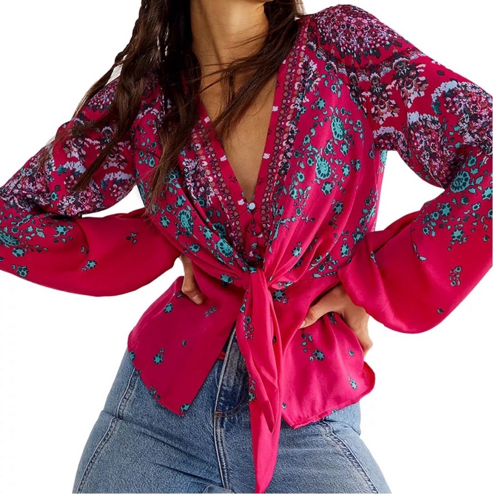 Free People Run Free Satin Floral Tunic Blouse | Pink Combo | Size S